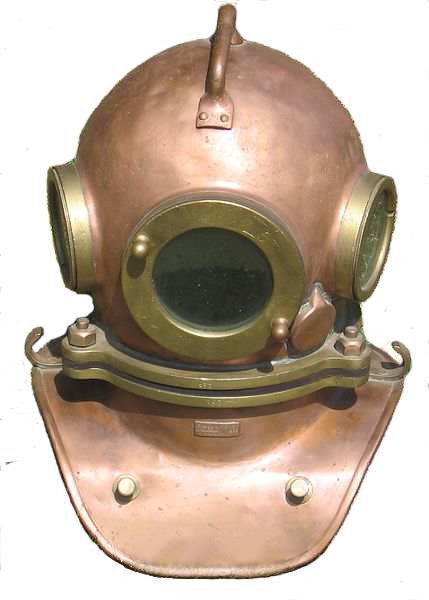 Photograph of a worn copper diving helmet