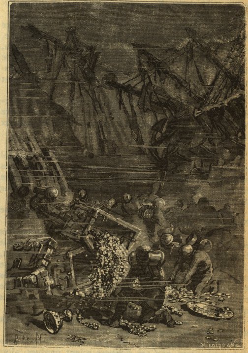 Original Twenty Thousand Leagues Under the Sea engraving of helmeted divers exploring shipwrecks
