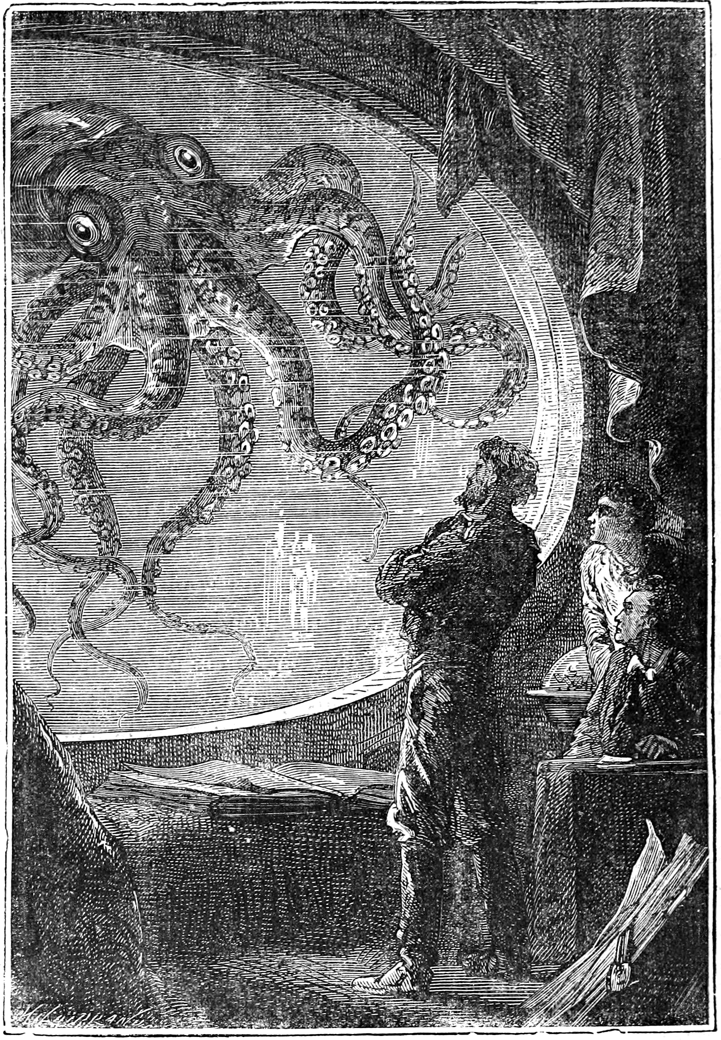 An original engraving from Twenty Thousand Leagues Under the Sea: a giant squid outside the Nautilus window